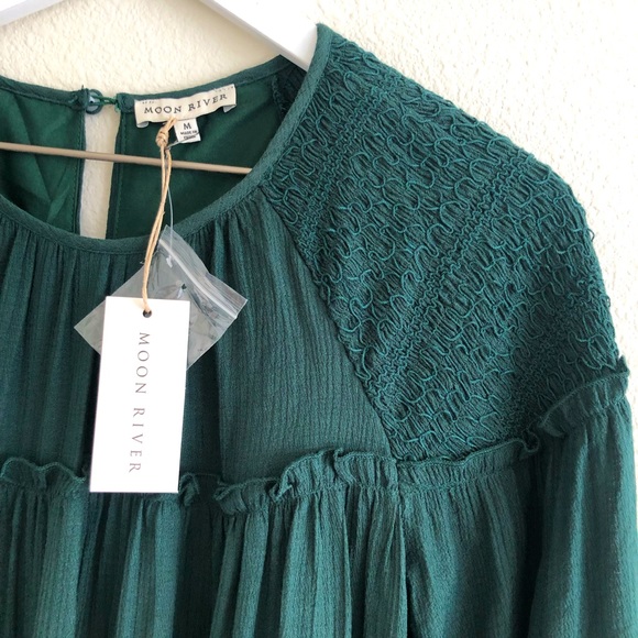 NWT Moon River Shopbop Smocked Long Sleeve TierMini Dress Emerald Green Medium - Picture 5 of 7